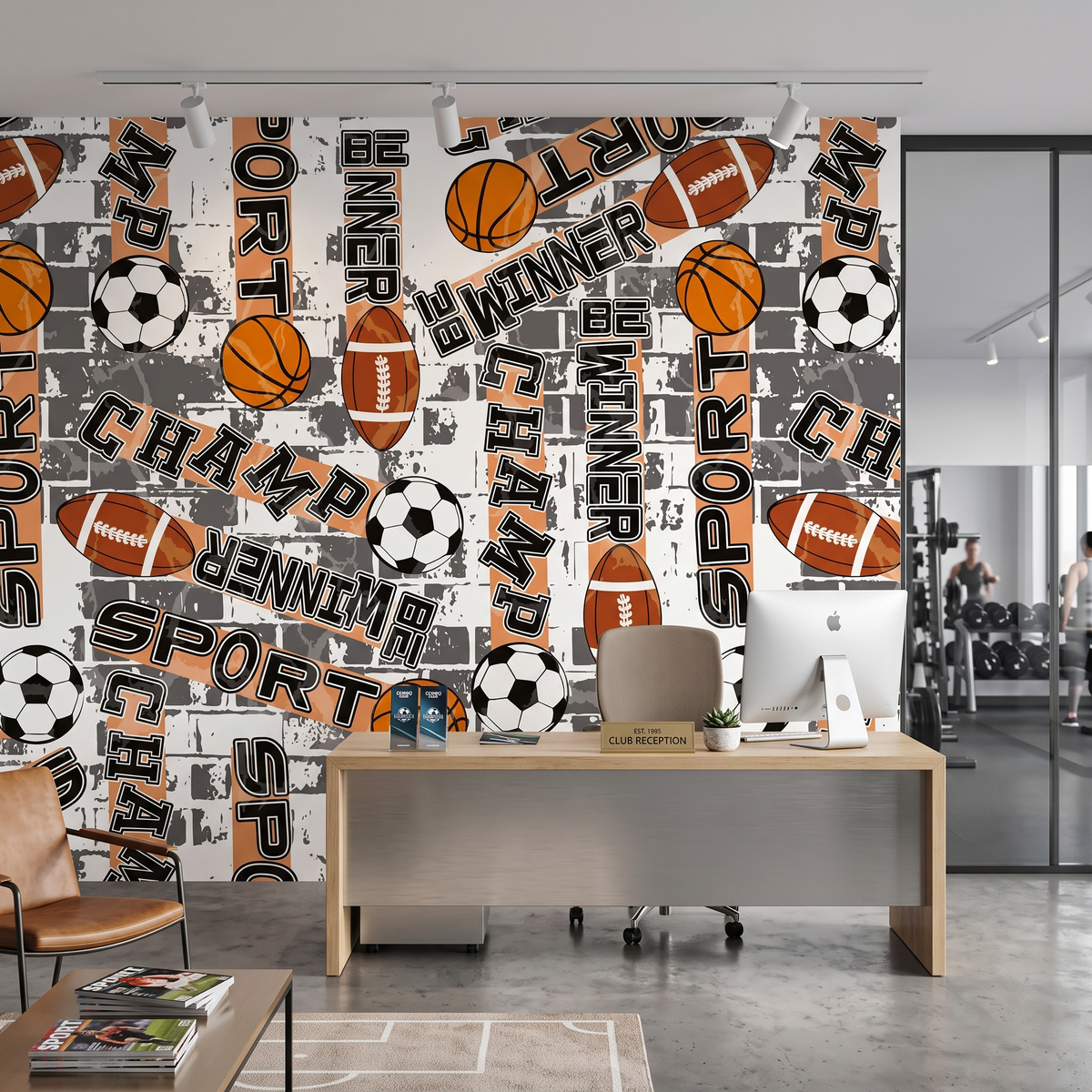 Modern spor salonu ofisi ve karşılama alanında spor branşları desenli duvar kağıdı