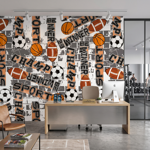 Modern spor salonu ofisi ve karşılama alanında spor branşları desenli duvar kağıdı