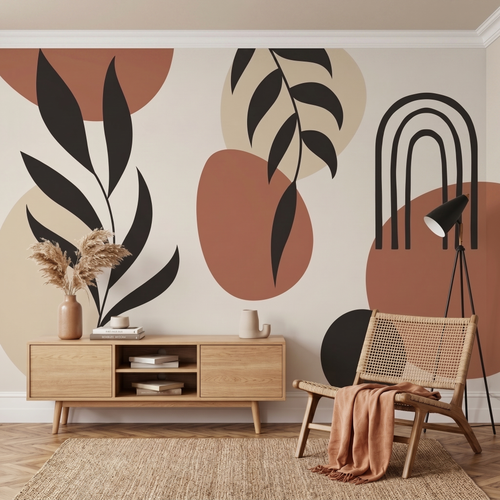 Rattan koltuk ve ahşap konsol arkasında terracotta ile siyah soyut botanik yaprak desenli boho salon duvar kağıdı