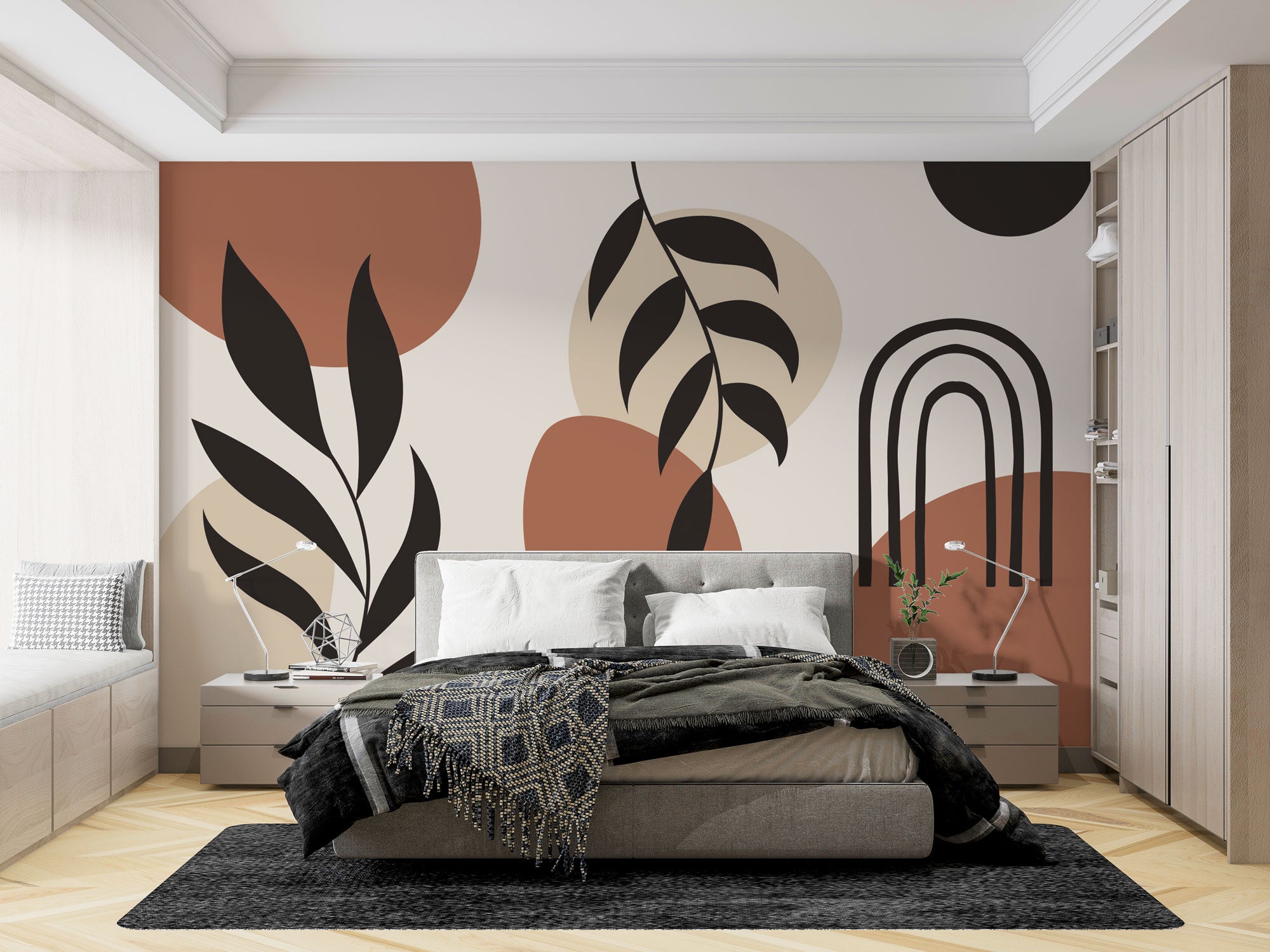 Modern Boho Soyut Kemer ve Yaprak Desenli Duvar Kağıdı