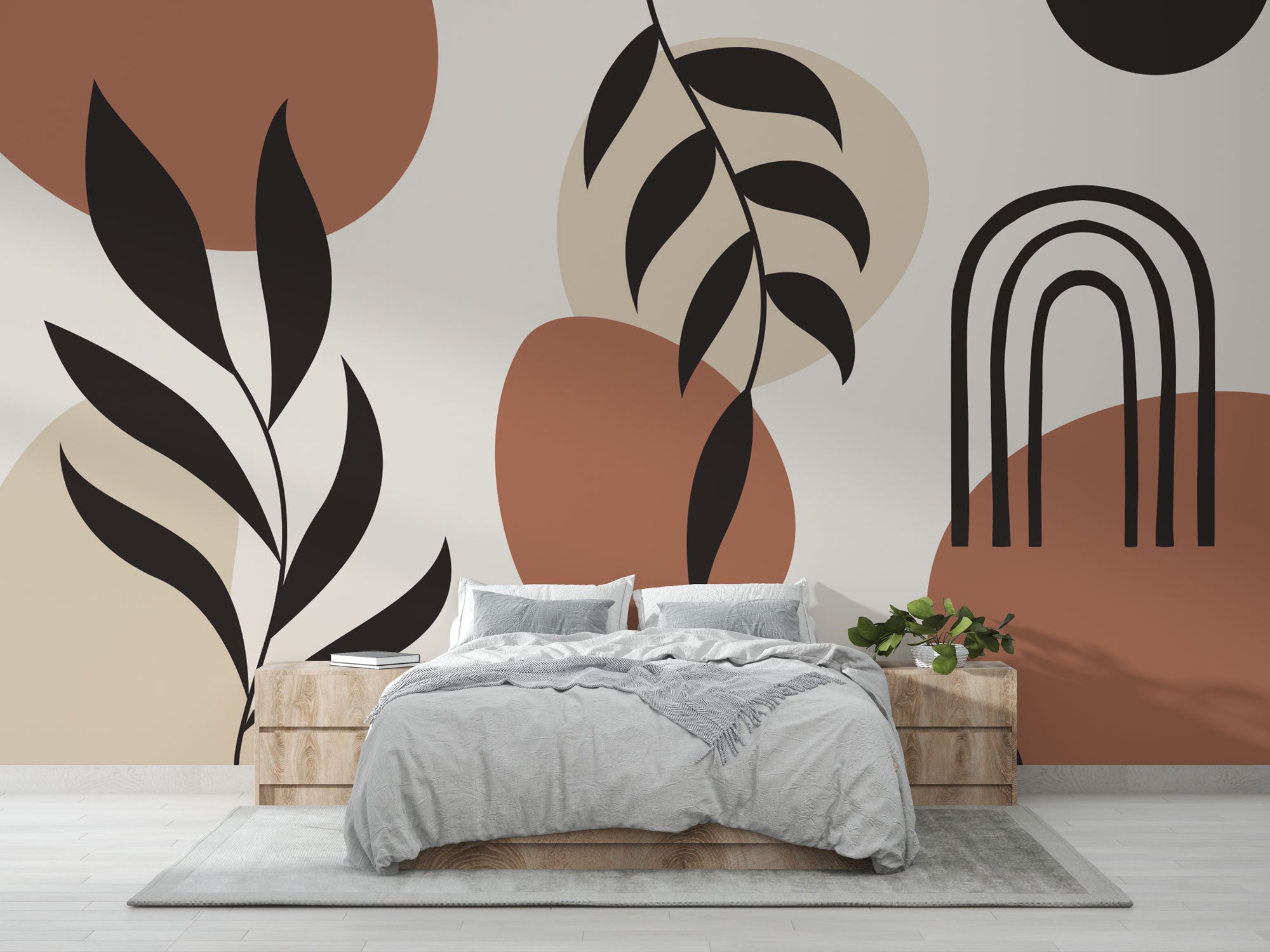 Modern Boho Soyut Kemer ve Yaprak Desenli Duvar Kağıdı