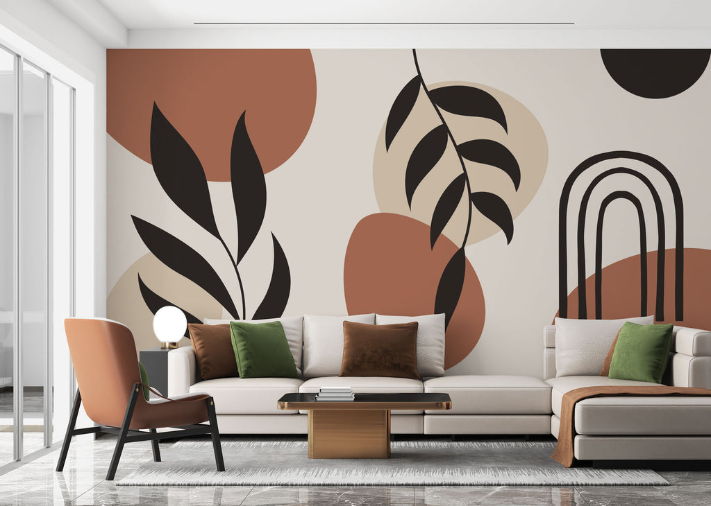 Modern Boho Soyut Kemer ve Yaprak Desenli Duvar Kağıdı