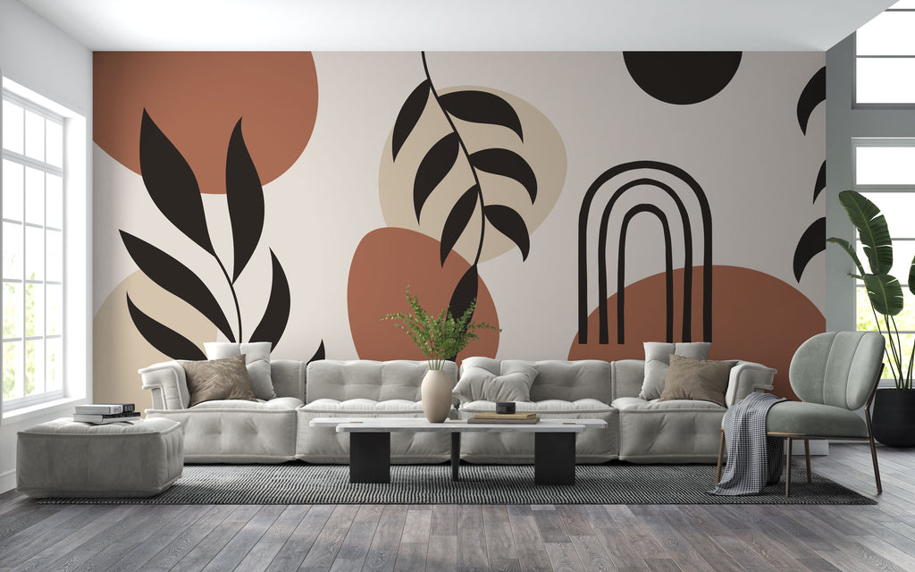 Modern Boho Soyut Kemer ve Yaprak Desenli Duvar Kağıdı