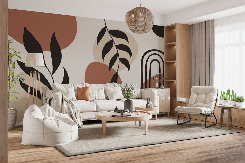 Modern Boho Soyut Kemer ve Yaprak Desenli Duvar Kağıdı