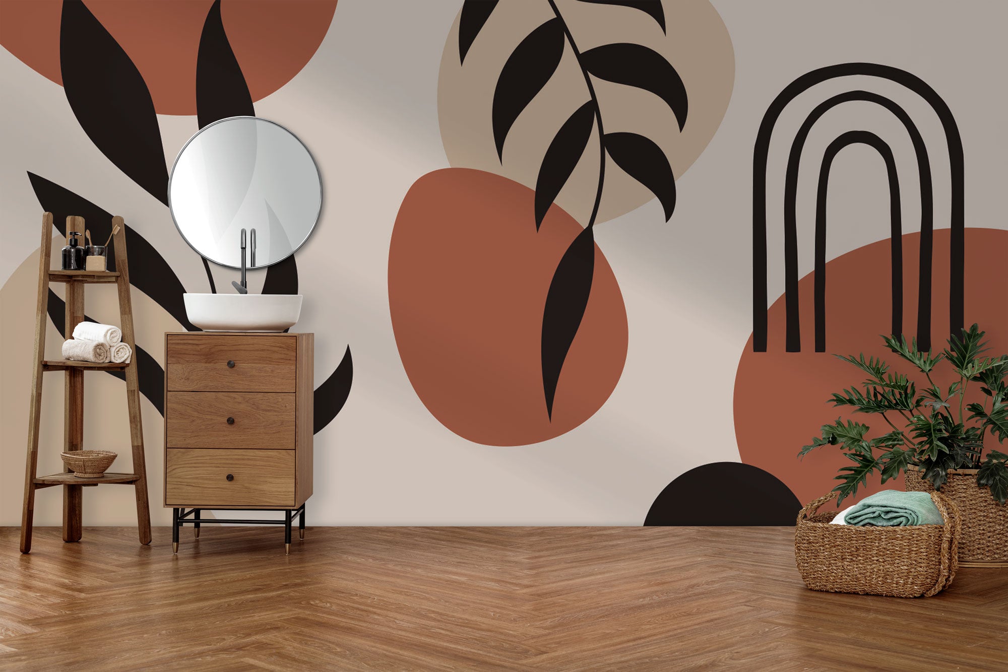 Modern Boho Soyut Kemer ve Yaprak Desenli Duvar Kağıdı