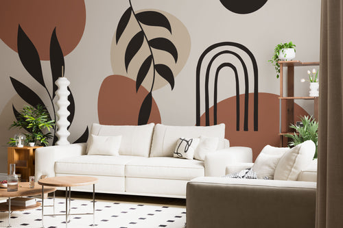 Modern Boho Soyut Kemer ve Yaprak Desenli Duvar Kağıdı