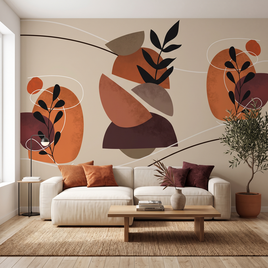 Krem kanepe ve hasır halılı modern salonda boho soyut botanik yaprak ve geometrik form desenli sıcak toprak tonlarında odak duvar kağıdı