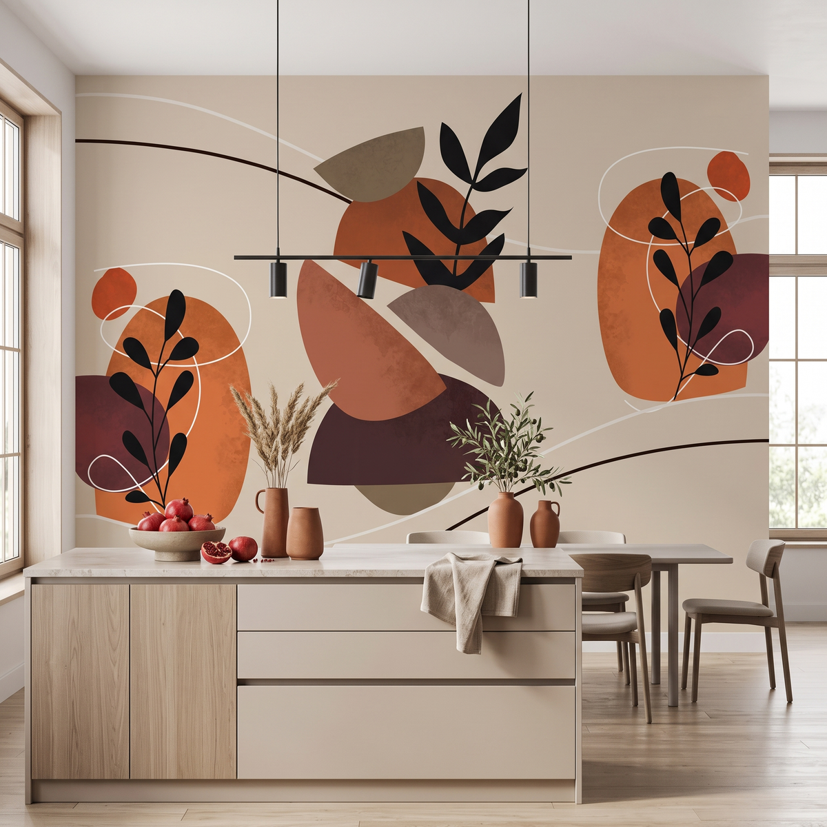 Mutfak adası ve yemek masası arkasındaki duvarda terracotta ve bordo soyut geometrik botanik desenli silinebilir duvar kağıdı kaplaması