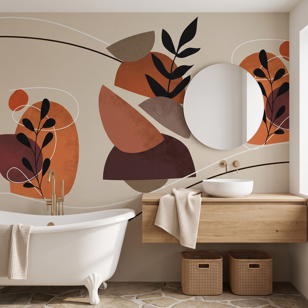 Ayaklı küvet ve ahşap lavabo arkasında kavisli formlar ve siyah yaprak figürlü sıcak toprak tonlu boho banyo duvar kağıdı uygulaması