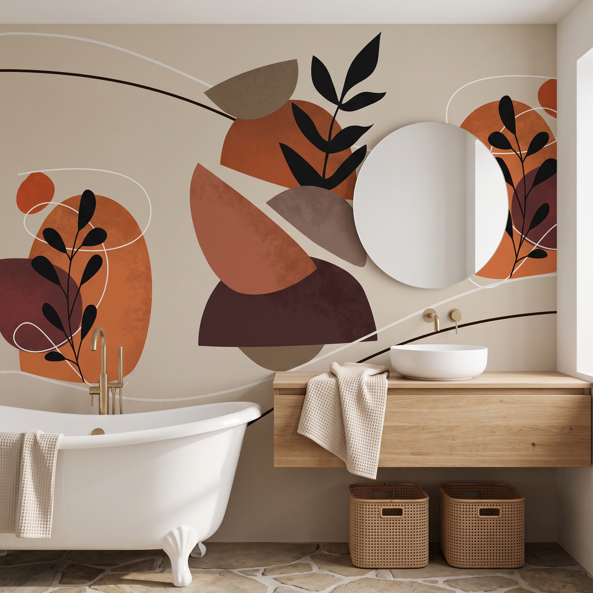 Ayaklı küvet ve ahşap lavabo arkasında kavisli formlar ve siyah yaprak figürlü sıcak toprak tonlu boho banyo duvar kağıdı uygulaması