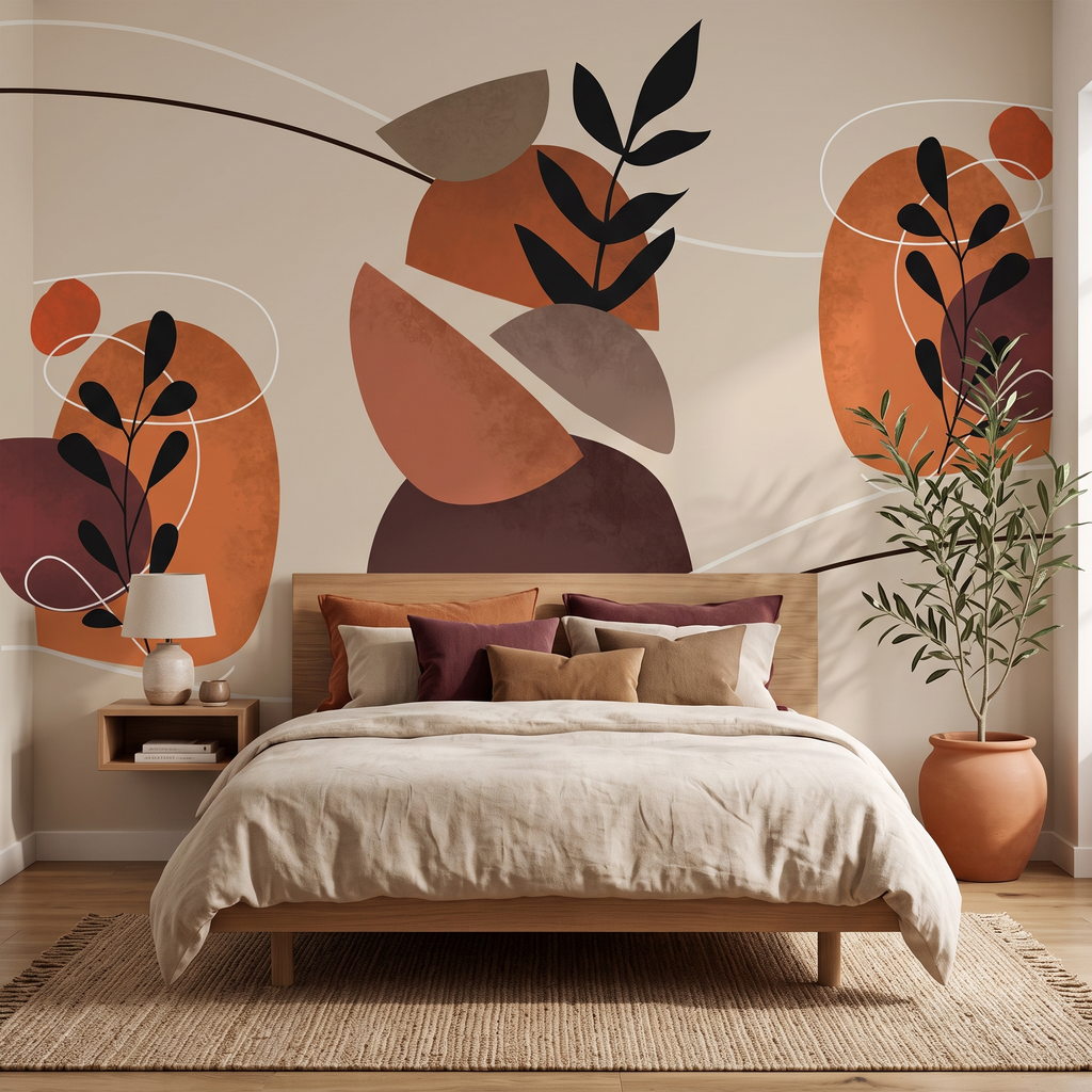 Ahşap yatak arkası odak duvarında uygulanan terracotta bordo ve vizon tonlu boho soyut botanik yaprak desenli modern duvar kağıdı