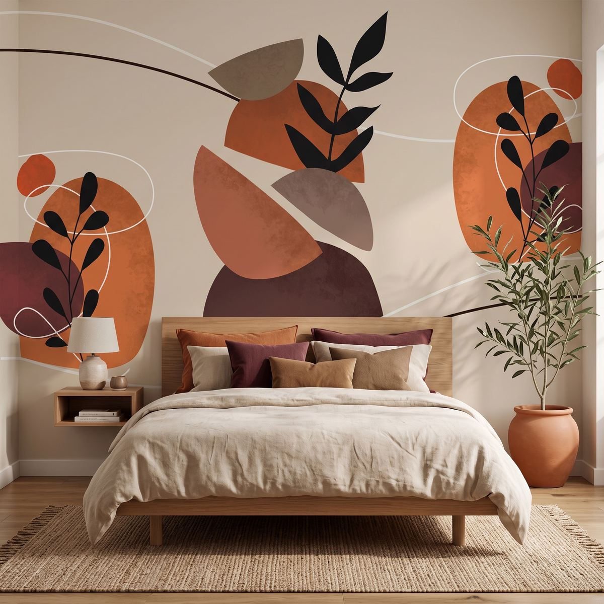 Ahşap yatak arkası odak duvarında uygulanan terracotta bordo ve vizon tonlu boho soyut botanik yaprak desenli modern duvar kağıdı