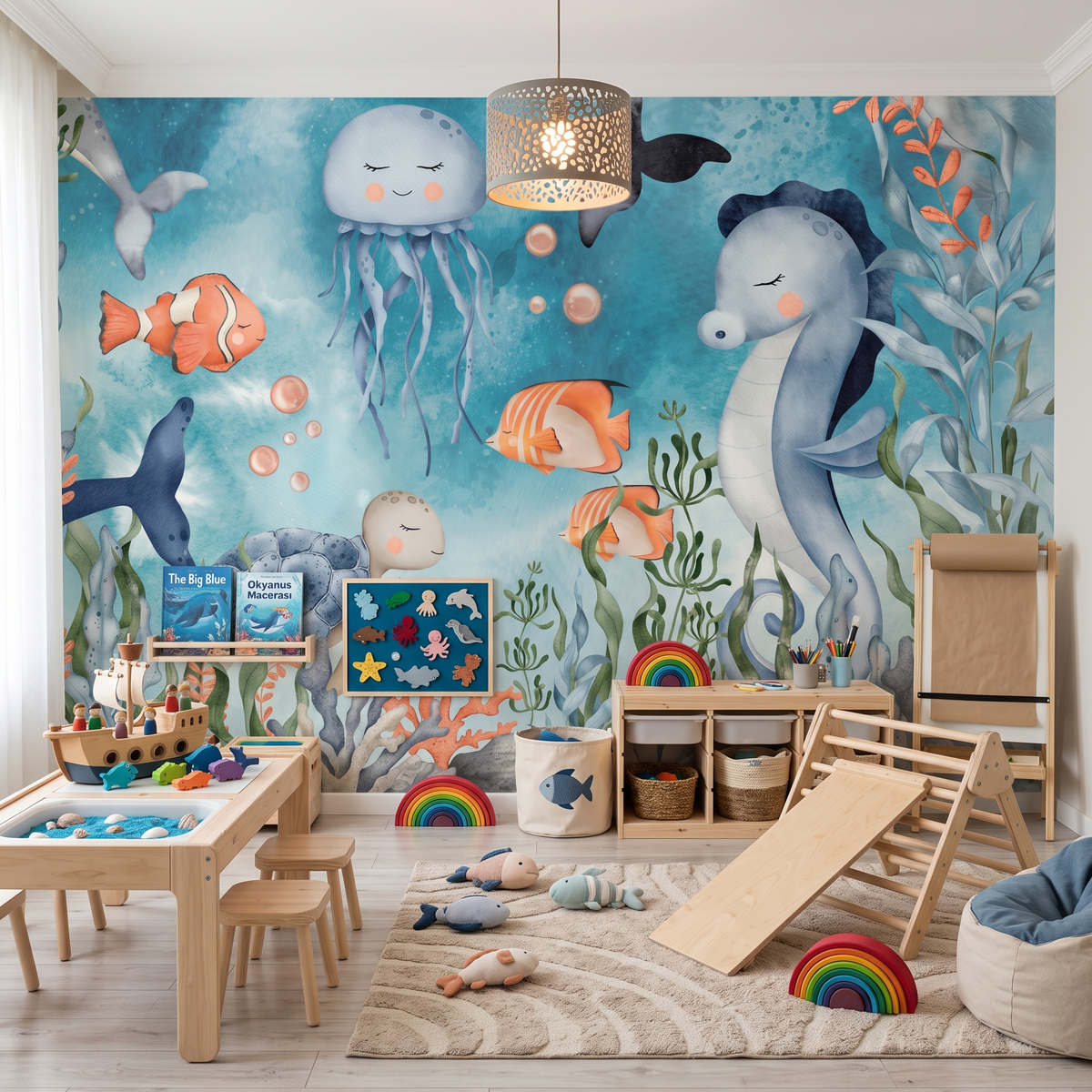 Montessori ahşap tırmanma parkuru ve aktivite masalı oyun odasında mavi okyanus ve sevimli deniz canlıları duvar kağıdı uygulaması
