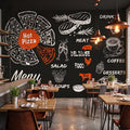 Modern restoran masaları ve sarkıt aydınlatmalı salonda kara tahta zeminli pizza menü konseptli duvar kağıdı uygulaması
