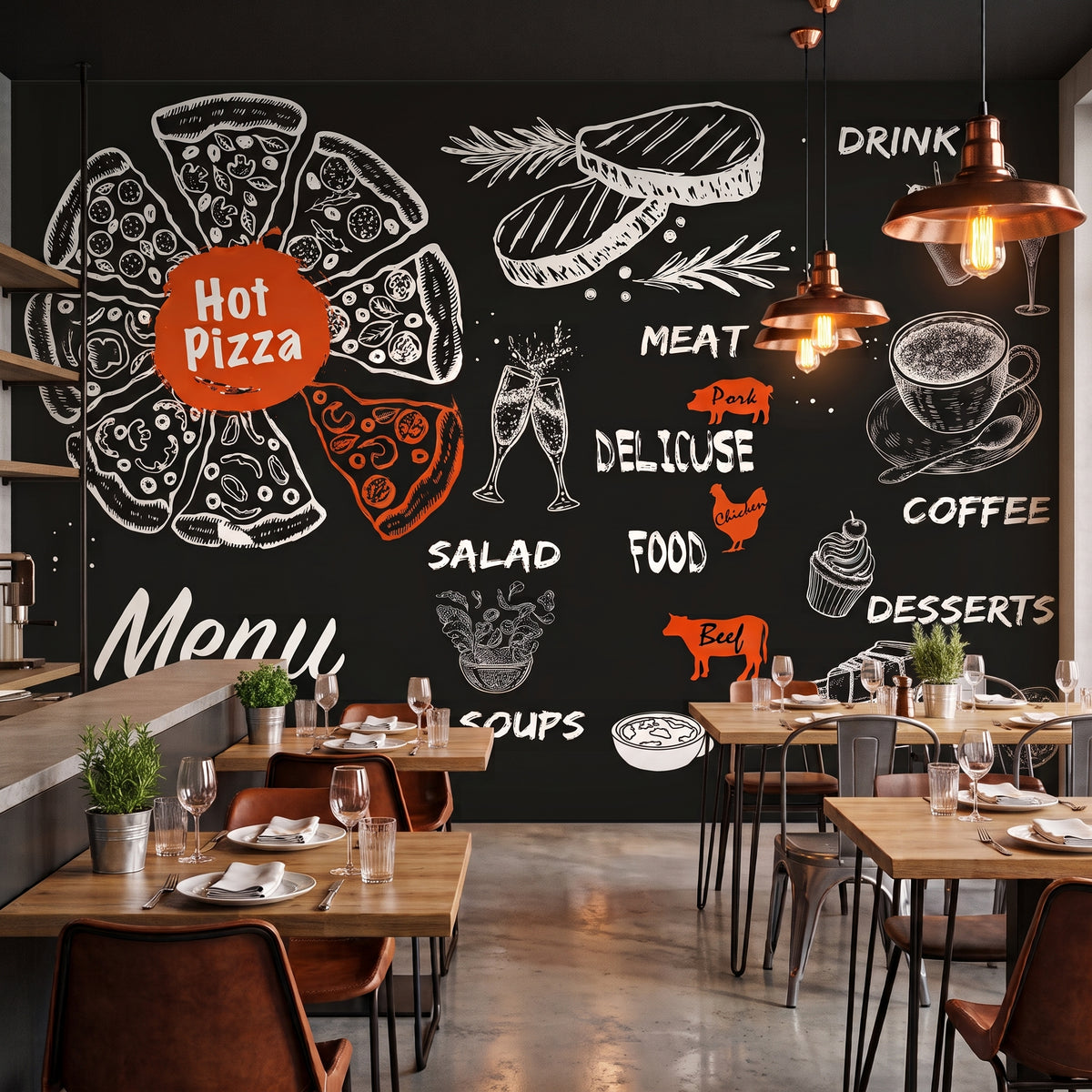 Modern restoran masaları ve sarkıt aydınlatmalı salonda kara tahta zeminli pizza menü konseptli duvar kağıdı uygulaması
