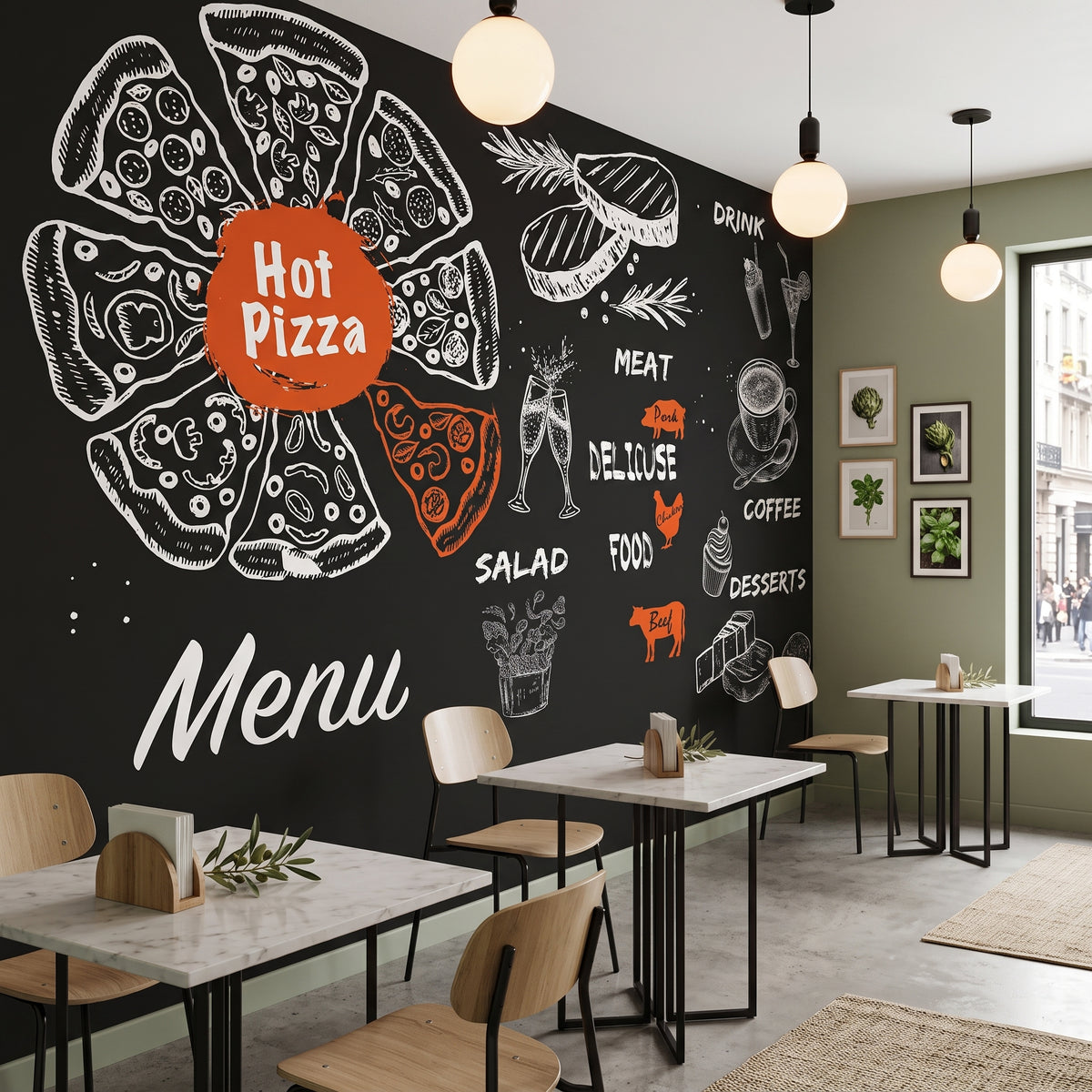 Aydınlık bistro ve kafe iç mekanında yeşil detaylı duvarda siyah zemin tebeşir çizimli menü duvar muralı