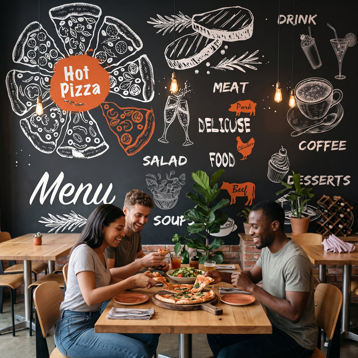 Pizza yiyen gençlerin arka planında yer alan el çizimi pizza ve kahve illüstrasyonlu restoran duvar kağıdı