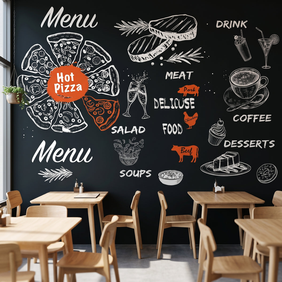 Ahşap sandalyeli modern kafe ve mutfak alanında siyah kara tahta desenli lezzet temalı özel tasarım duvar kağıdı