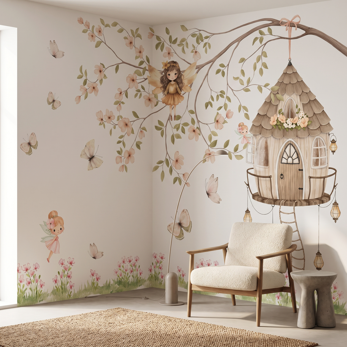 Krem berjerli ve ahşap detaylı odada soft pastel tonlarda ağaç ev ve çiçek desenli duvar kağıdı
