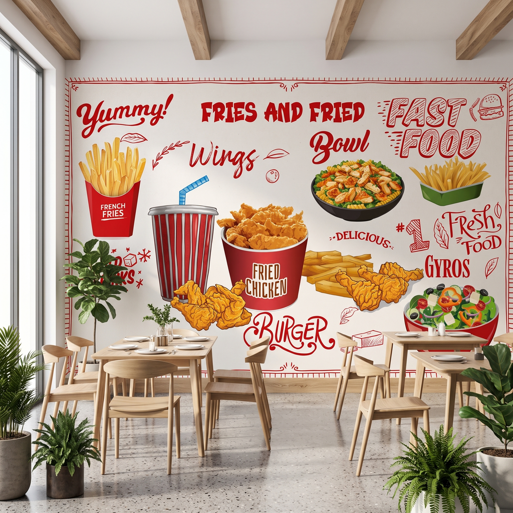 Ahşap-yemek-masaları-ve-saksı-bitkileri-arkasında-uygulanan-çıtır-tavuk-ve-patates-desenli-fast-food-restoran-duvar-kağıdı