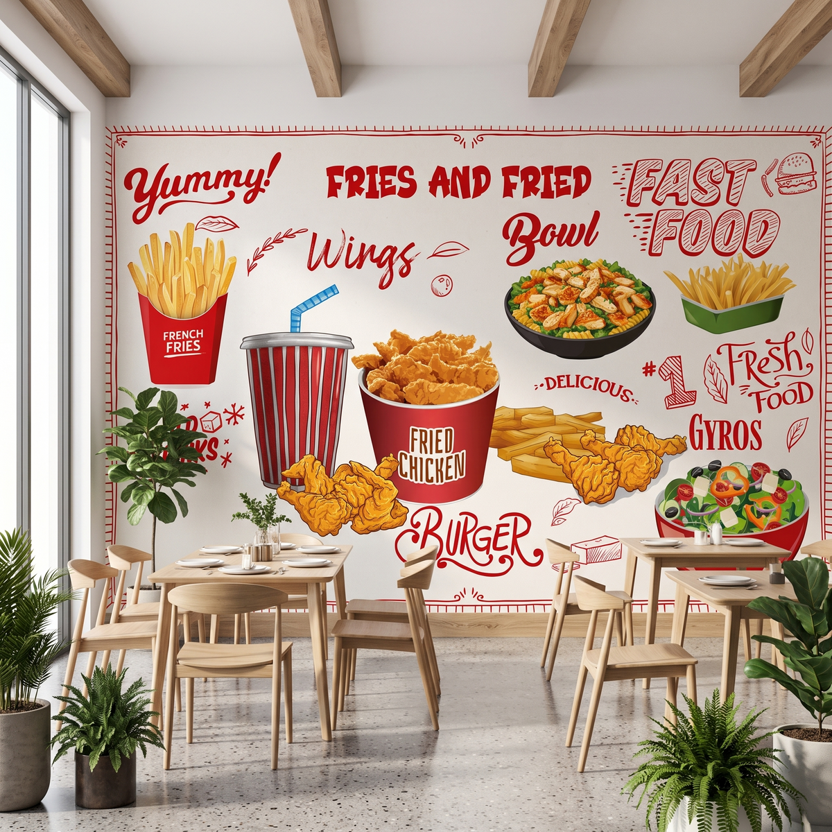 Ahşap-yemek-masaları-ve-saksı-bitkileri-arkasında-uygulanan-çıtır-tavuk-ve-patates-desenli-fast-food-restoran-duvar-kağıdı