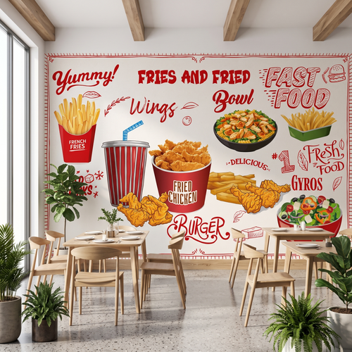 Ahşap-yemek-masaları-ve-saksı-bitkileri-arkasında-uygulanan-çıtır-tavuk-ve-patates-desenli-fast-food-restoran-duvar-kağıdı