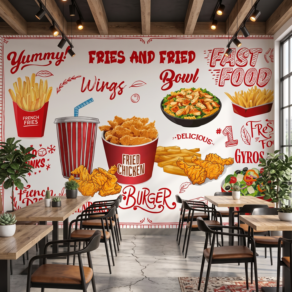 Siyah-sandalyeli-restoran-masaları-arkasında-kullanılan-çıtı- tavuk-ve-patates-kızartması-desenli-yemek-salonu-duvar-kağıdı
