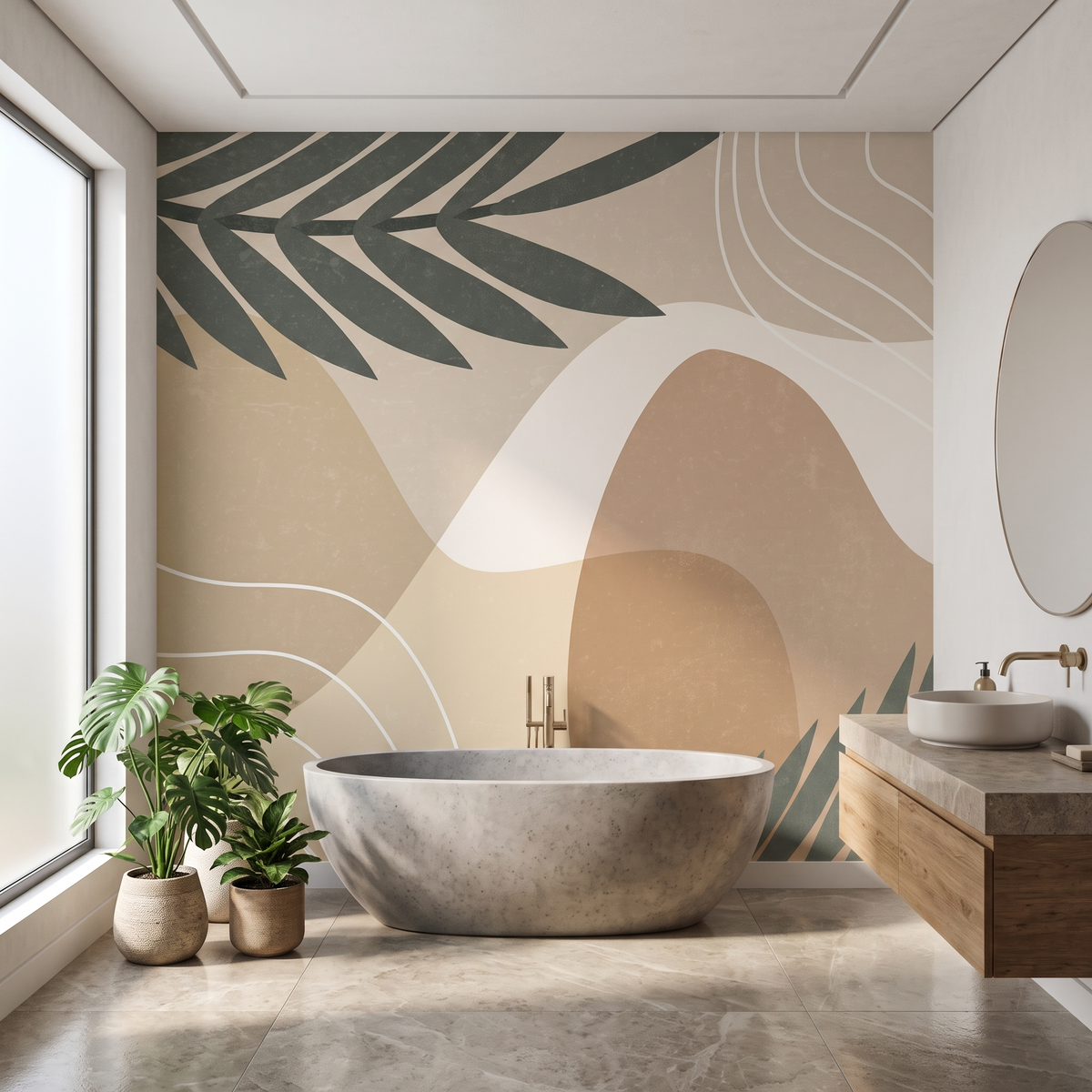 modern-luks-banyo-icin-toprak-tonlu-soyut-yaprak-desenli-duvar-kagidi
