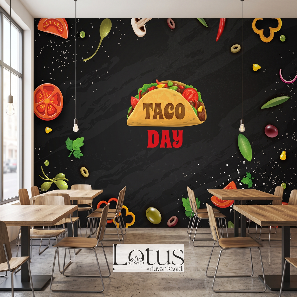 Ahşap masalı kafe alanında kullanılan siyah zeminli Taco ve sebze illüstrasyonlu fast food duvar kağıdı